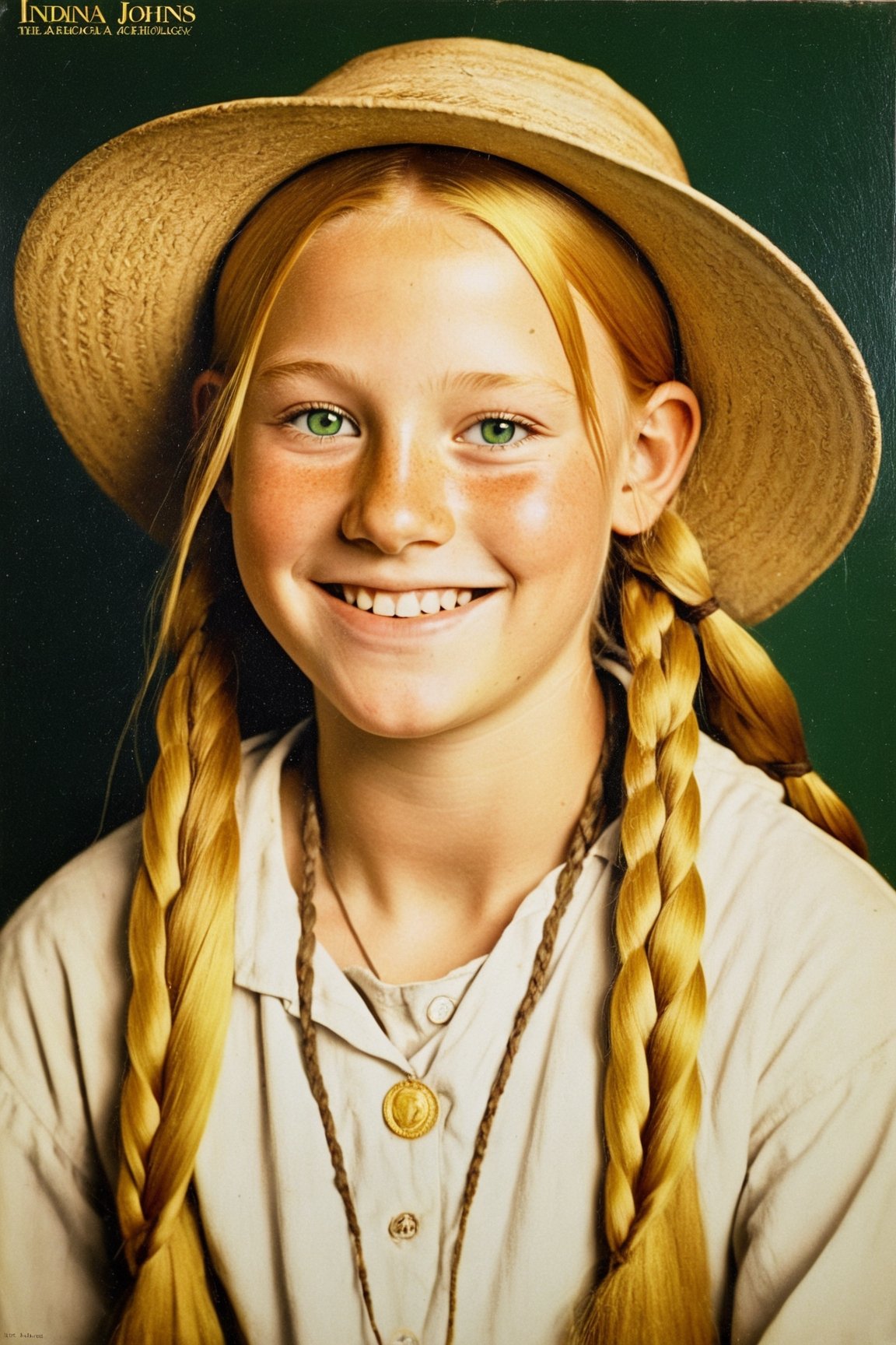 artist Indiana Johns, young girl, 14 year old, solo, completely naked, archaeologist, yellow hair, long braids, open forehead, panama hat, green eyes,  scorching sun, sweet smile, rarity, antiques, archeology, antiquity, archaeological excavation, divine, radiance, official art, stile Indiana Johns
