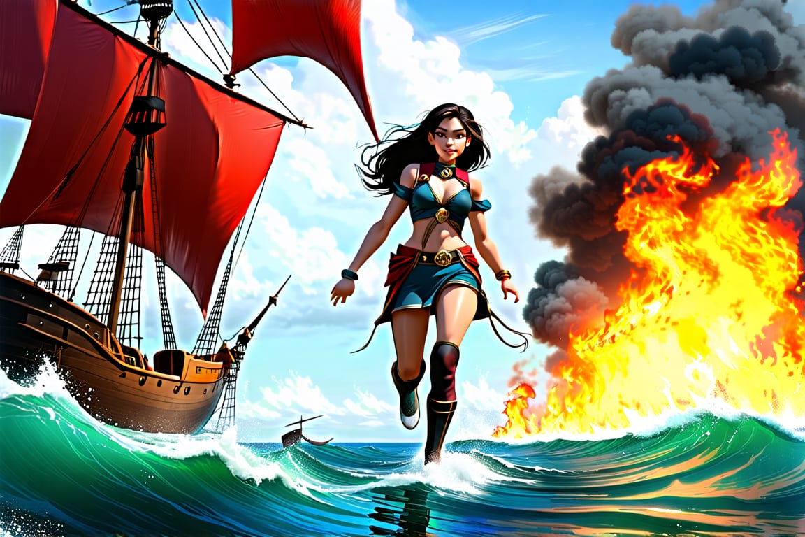 1girl, solo, heiress of the seas, running away, sea, surf, roaring, death cry, kalimdor, fire, smoke, theramore, admiral, daughter, enemy, unknown land, war, decisive battle, shipwrecks, hour of death, shipwreck, last order