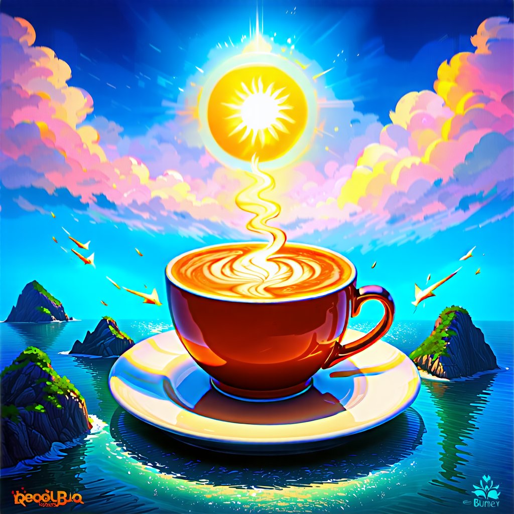 (digital painting, surrealism:1.2), magical world inside a coffee cup, sea and islands floating on the surface, small sun shining above the cup, dreamlike atmosphere, fantastical colors blending seamlessly, swirling lights dancing across the miniature landscape, surreal and enchanting mood, intricate details in every whimsical element, a sense of wonder and magic encapsulated in a single cup