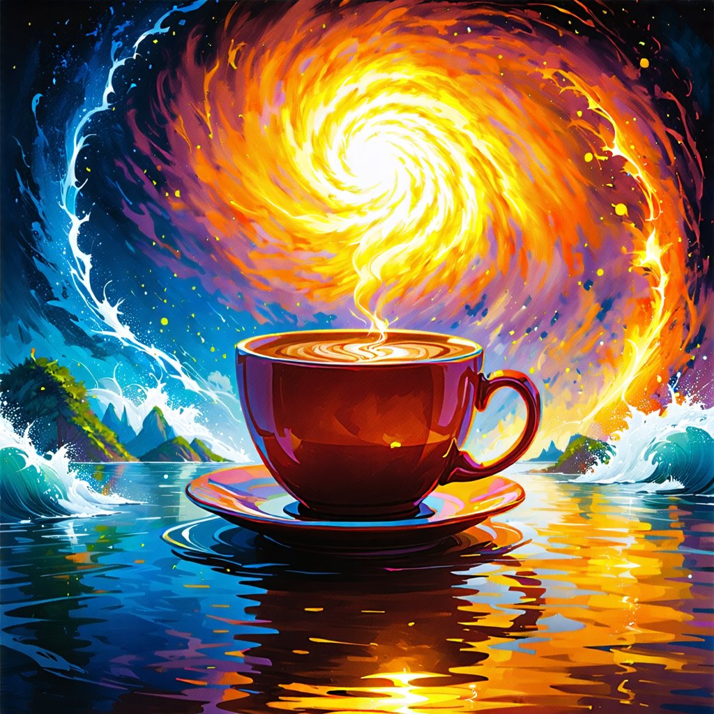 In this dreamlike digital painting, a coffee cup serves as a portal to a mystical realm. Inside the cup, the sea and islands hover on the surface, illuminated by a diminutive sun shining above. Fantastical colors blend seamlessly, casting an enchanting glow across the miniature landscape. Swirling lights dance across the waves, imbuing the scene with a sense of wonder and magic. Every whimsical element is adorned with intricate details, inviting the viewer to step into this surreal and captivating world.