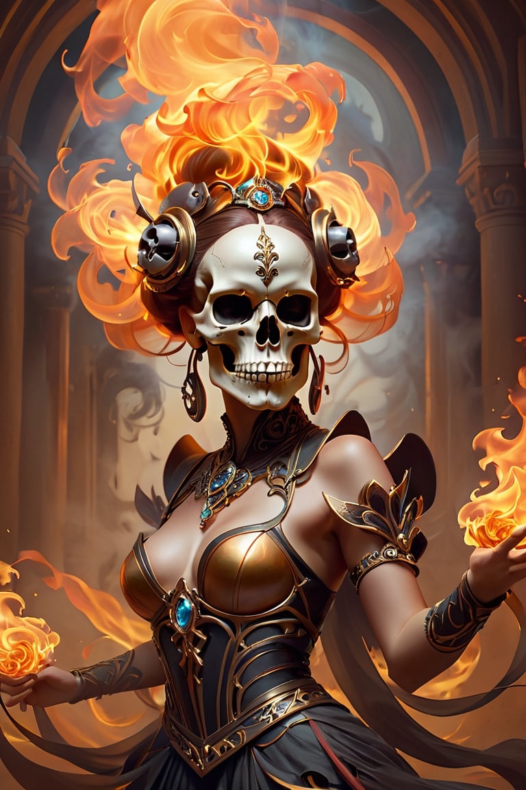 The dancing skull. the skull is made from smoke and fire. portrait, warrior, fantasy, intricate, elegant, highly detailed, digital painting, artstation, concept art, smooth, sharp focus, illustration, art by artgerm and greg rutkowski and alphonse mucha
