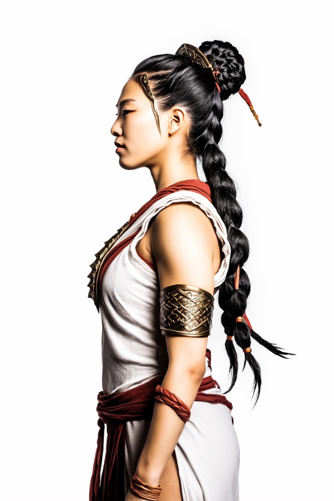 Sumi-E style of just the profile of an inner goddess in warrior outfit in their power no background,  studio lighting