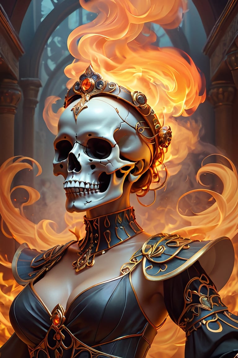 The dancing skull. the skull is made from smoke and fire. portrait, warrior, fantasy, intricate, elegant, highly detailed, digital painting, artstation, concept art, smooth, sharp focus, illustration, art by artgerm and greg rutkowski and alphonse mucha
