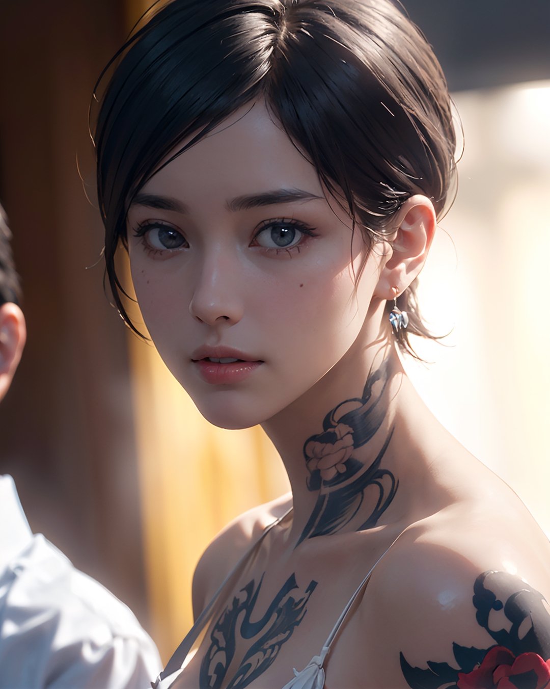 (Ultra realistic, 8k, High quality, Intricate, awesome, ultra high resolution lighting scene),((Ultra Realistic, High quality, Ultra detailed, Sharp focus, photo realistic:1.4),short-hair, sexy, best lighting, exposure, best angle camera,YakuzaTattoo,ppcp,huoshen, AGE:35