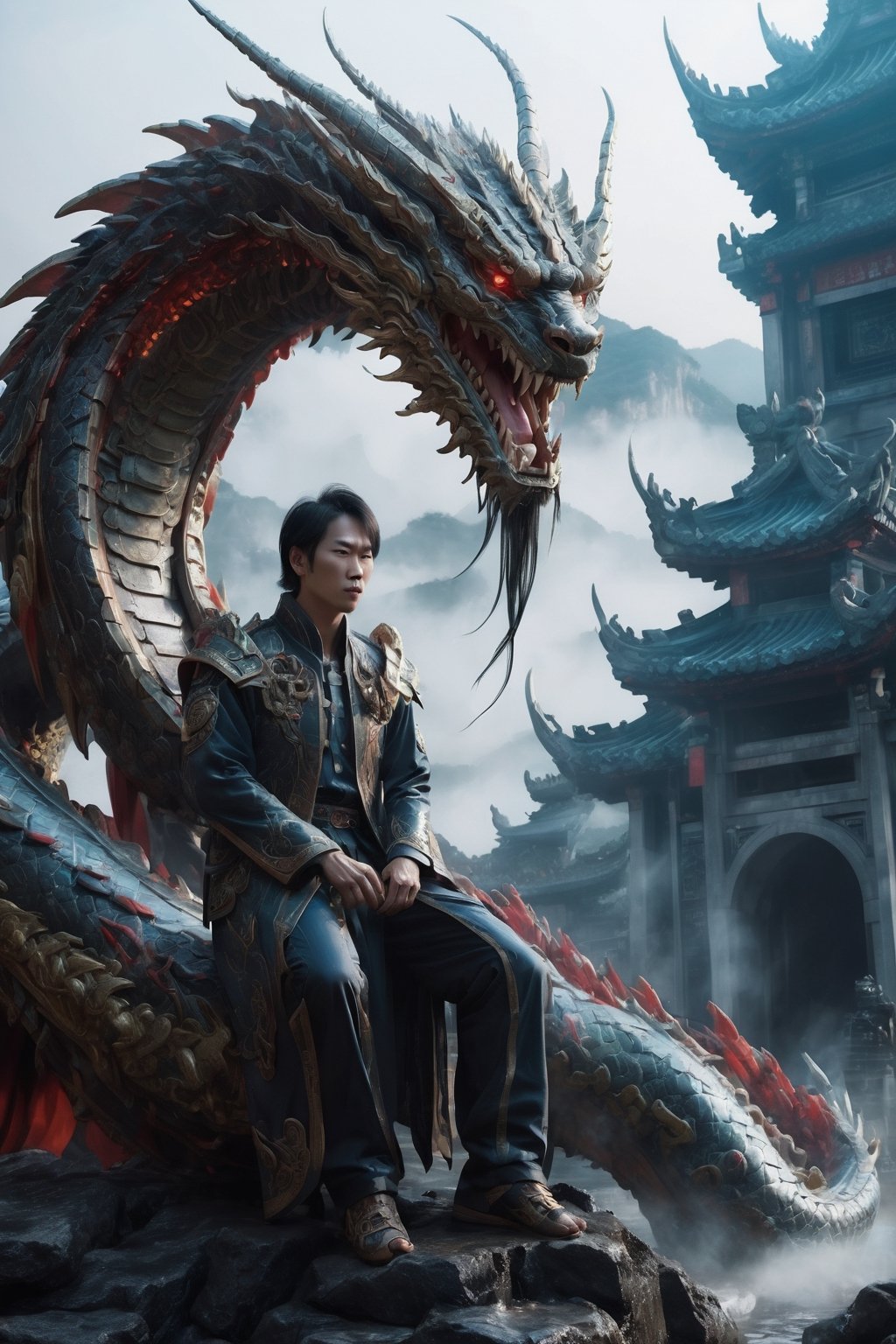 asian men go a long hunting and see real dragon 
,Strange Dragon,LegendDarkFantasy,chinese dragon,Mecha