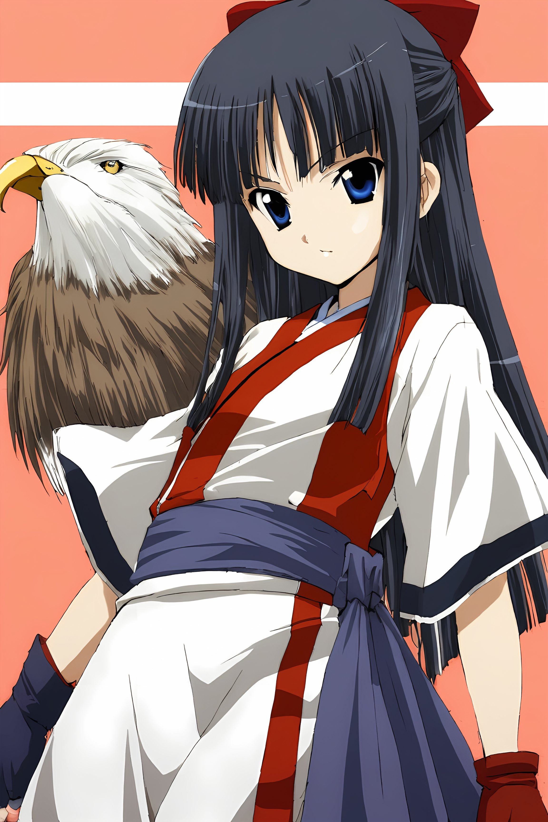 1girl,nakoruru, samurai spirits,masterpiece, best quality, oldest,anime,(smile:0.7)1girl, ainu clothes, animal, Eagle, black hair, blue eyes, bow, fingerless gloves, gloves, hair bow, japanese clothes, long hair, nakoruru, obi, red bow, sash, solo, treenanase_aoi,  