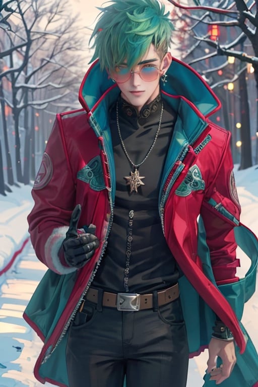 ((male character)), 1boy, (((masterpiece))), (((intricate details))), (((best quality))), vibrant colors, unique, unlimited colors, SakimiStyle,Anime, ((christmas)), christmas party in a snow forest, (((symmetrical face))), head to thighs, Vash the stampede,wrenchftmfshn
