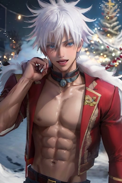 ((male character)), , (((masterpiece))), (((intricate details))), (((best quality))), vibrant colors, unique, unlimited colors, muscle body, SakimiStyle, Anime, ((christmas)), christmas party, christmas tree, stars and garlands, (((symmetrical face))), ((mature male)), (((1boy))), Satoru Gojo, ((defined drawing lines)), ,wrenchftmfshn, white coat,  (((sexy facial expression))), (santa costume),
(lora:668796373287720224:1.0),(lora:668795144927064589:1.0),(lora:668790304498885892:1.0),(lora:668783638709595390:1.0),
(lora:668783642725607036:1.0),