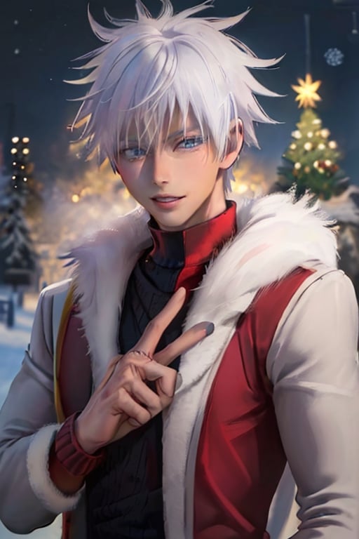 ((male character)), , (((masterpiece))), (((intricate details))), (((best quality))), vibrant colors, unique, unlimited colors, muscle body, (((sexy sweater)), SakimiStyle, Anime, ((christmas)), christmas party, christmas tree, stars and garlands, (((symmetrical face))), ((mature male)), (((1boy))), Satoru Gojo, ((defined drawing lines)), ,wrenchftmfshn, white coat,  (((sexy facial expression))), (santa costume),
(lora:668796373287720224:1.0),(lora:668795144927064589:1.0),(lora:668790304498885892:1.0),(lora:668783638709595390:1.0),
(lora:668783642725607036:1.0), ((((hands with five fingers)))), (fur coat)