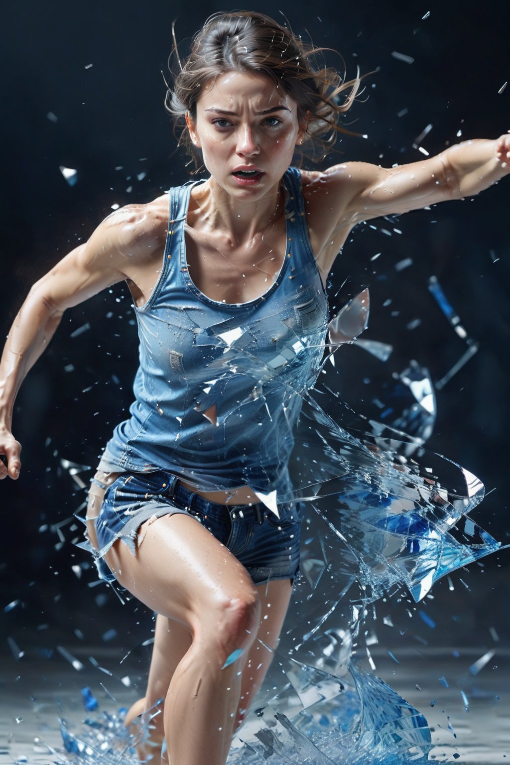 hyperrealism, masterpiece, a beautiful woman shattering glasslike surface, determined face, teared tanktop and short jeans, other dimension, running pose