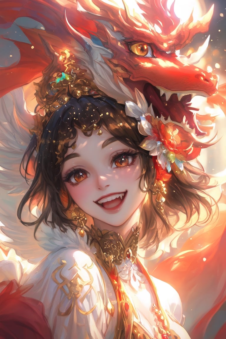 Smiling, beautiful oriental maiden and dragon (golden dragon horn), masterpiece, very high quality, official art, cg 8k wallpaper, (fantasy style), macaron tones (rainbow) (face focus, cute, masterpiece, best quality, light particles, very detailed, best lighting, (beautiful face), incredibly detailed, (extremely beautiful), (best quality)