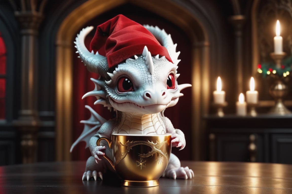 a dark gothic, White dragon baby wearing a red Christmas hat, in a golden 
 Christmas cup. surrounding by dark gothic room, soft cinematic lighting, highly detailed, 8k