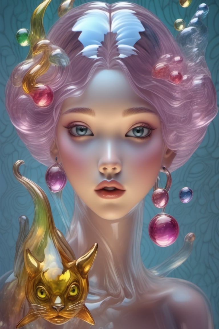 Pop surrealism, beautiful girl's face and monsters, various magical creatures, transparent glass, plastic texture, smooth, reflective, fluid, extremely rich colors, high details, a masterpiece,Glass,kristinapimenova,3d style