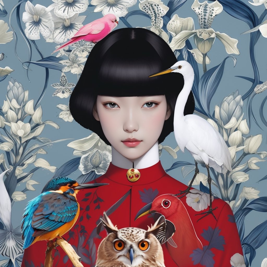 Beautiful oriental girl with shiny black hair next to the birds and white flower background, high detail, masterpiece,  ,illustration, 