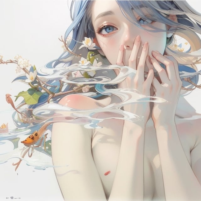 Soft tones, elegant girl, in the water, light blue hair, next to some lotus flowers, water plants, goldfish, exquisite beauty, ultra-detailed painting inspired by Japanese illustrator Miho Hirano, masterpiece, illustration ,watercolor style