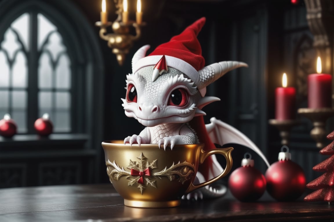 a dark gothic, white lady baby dragon wearing a red Christmas hat, in a golden 
 Christmas cup. surrounding by dark gothic room, soft cinematic lighting, highly detailed, 8k