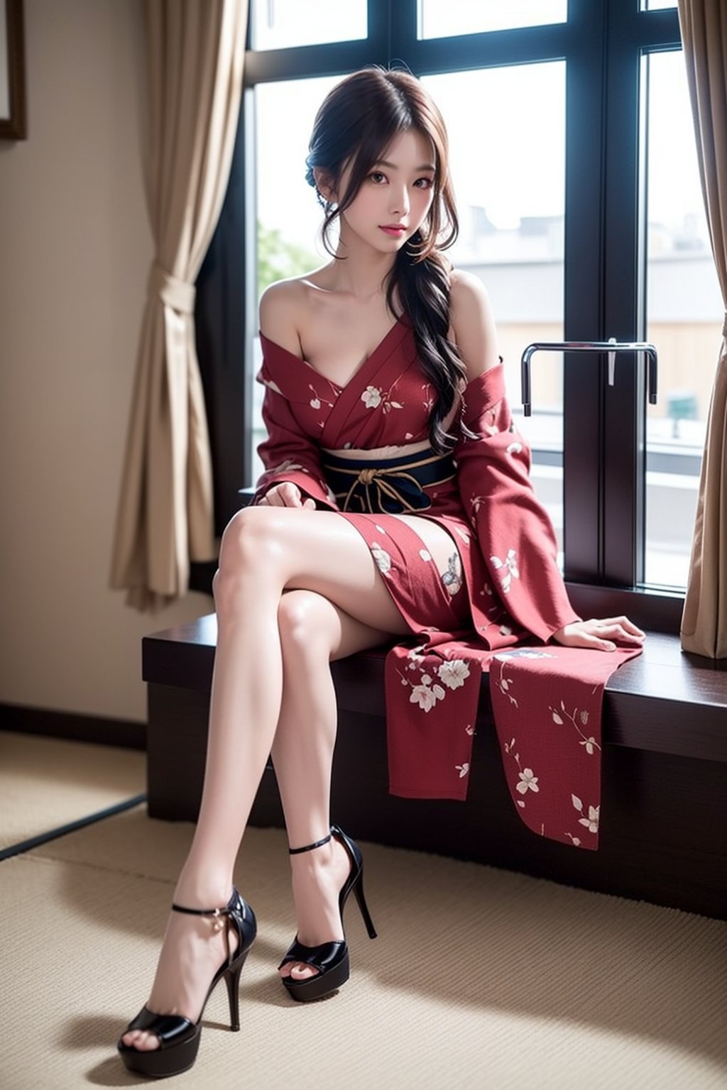 (masterpiece),  realistic, image of a Japanese female,  full body to feet,  high quality,  8K Ultra HD,  photorealistic has a fully detailed mature face,  Realistically not Ai,  36D, NATURAL,  charming,  detailed face, a sweet girl have long legs with high heels in the hotel lobby, Thought the windows in see outside is raining