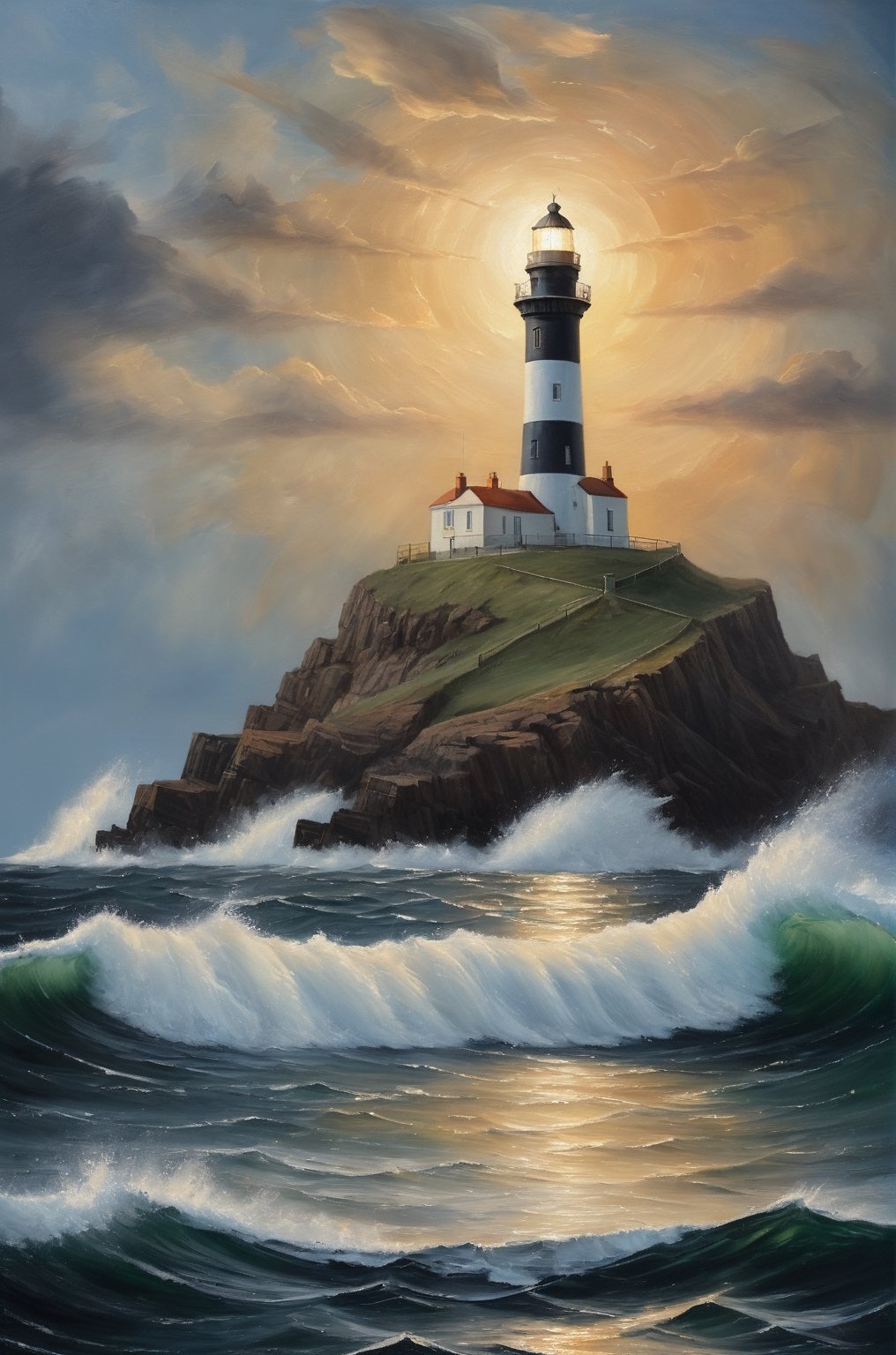 (masterpiece),lighthouse seen from the sea, lighthouse seen from the boat, landscape painting, border between day and night, lighthouse light, security feeling, rendering, painting painted by masters, masterpiece, oil painting, fine details, intricate details, (mysterious), 

add_more_creative