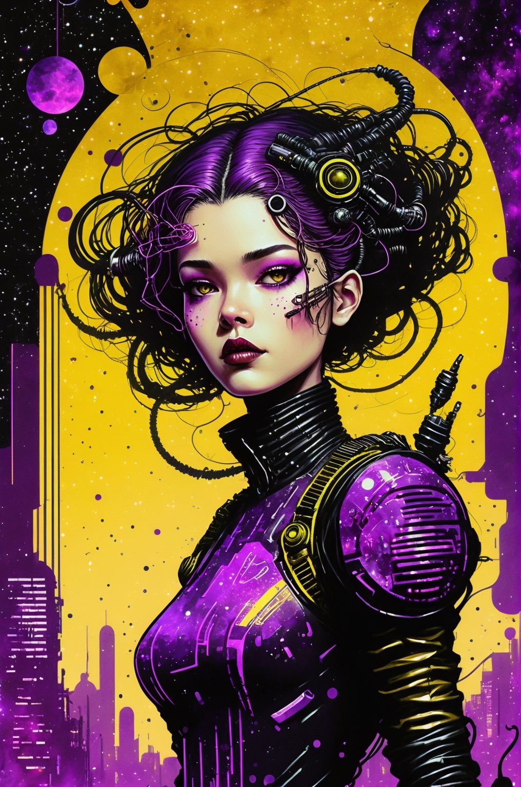 bladerunner filmposter：1 Lady, Starry sky and zodiac signs, Purple hues like nebulae, Vast space, city at the bottom of cyber punk personage, ( Background with:black and yellow Background with1.4), (RHAD:1.2), (artistic décor:1.4), (Retro-Future:1.4), (maximalist:1.4), (Clean:1.4), (Flat_colours:1.4), (cyber punk personage,Android:1.4), CCDDA art style, 

in the style of esao andrews