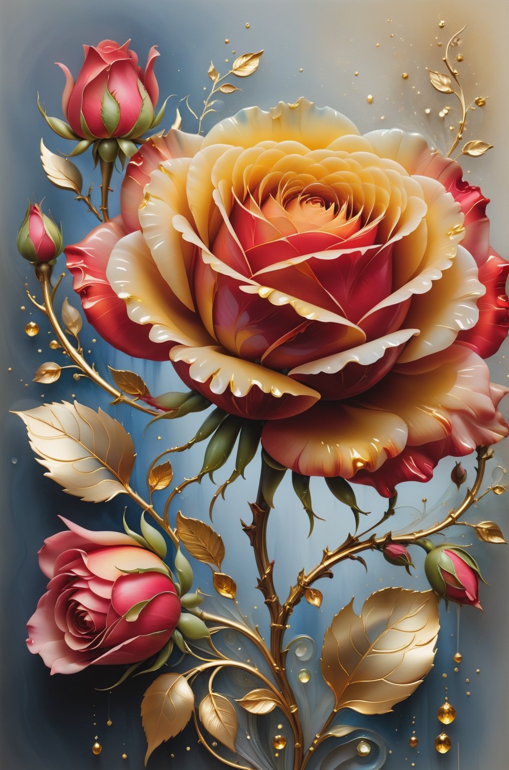 Bouquet of blooming rose, the petals show different shades of red and yellow, the center is embellished with gold texture, sparkling, elegant and unique, gently swaying, mysterious and charming, realistic and abstract art, details, very realistic, beautiful and vital, dreamlike and surreal, delicate brush strokes and rich colors, beauty and mystery, unimaginable beauty, Ornate And Intricate, transparent, translucent, Agate material, jade material, BY Anne Bachelier, sketch artstyle 