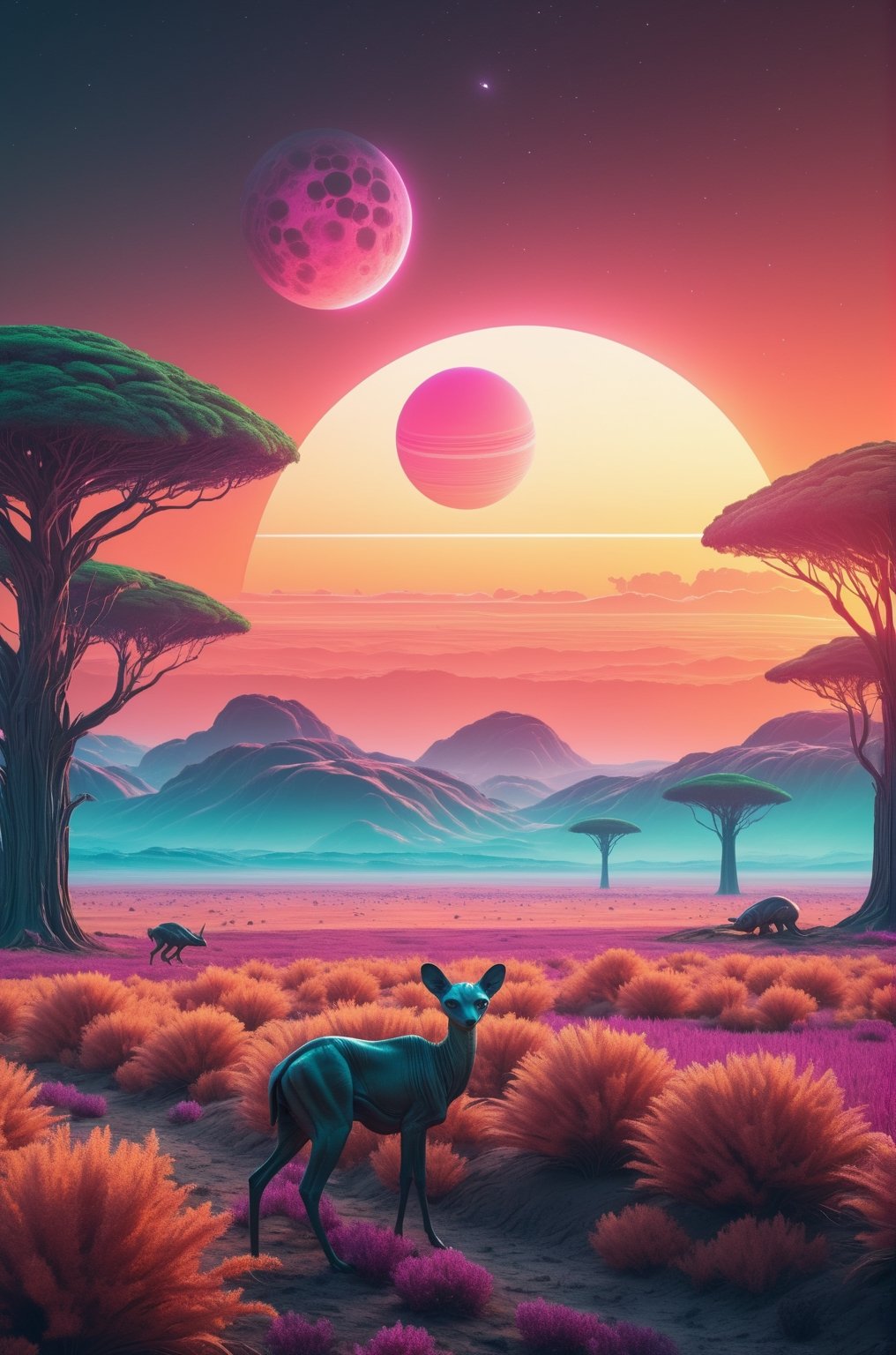 (best quality, 8k, high resolution, masterpiece:1.2), ultra-detailed,

Strange alien landscape, Twin Suns, Atmospheric Color, fields, Background tree, Dense foliage, animal, picturesque, photograph, synthwave

 

