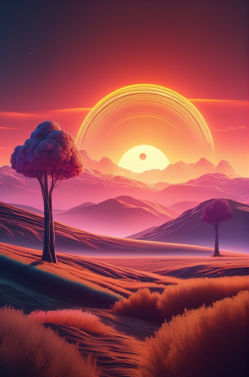 (best quality, 8k, high resolution, masterpiece:1.2), ultra-detailed,

Strange alien landscape, Twin Suns, Atmospheric Color, fields, Background tree, Dense foliage, animal, picturesque, photograph, synthwave

 

