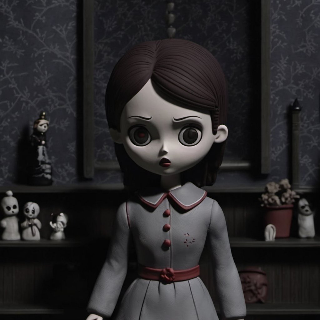 A horror girl, dark scene, horror movie, creepy,,Clay Animation, Clay, 