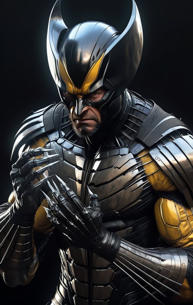 hugh Jackman, a Wolverine with cybernetic suits, with claws breaking the screen, cracked screen effect, perfect composition, beautiful intricately detailed and cinematic octane rendering, trend in art season, 8k art photography, photorealistic concept art, natural volumetric cinematic perfect light soft, chiaroscuro, award-winning photography, masterpiece, oil on canvas, Raphael, Caravaggio, Greg Rutkowski, Beeple, Beksinski, Giger