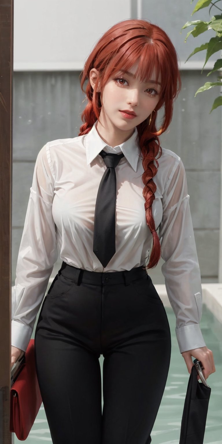 braided hair, 
black pants, red hair, top white shirts, 
black neck tie, wet top shirt,  alone, 1_girl, (smile:0.65), 
((front view:0.9)), (looking at down viewer:0.9),
(chubby:0.3), (medium breasts:0.8),
nsfw, povbathinfront,
makima\(chainsaw man\),