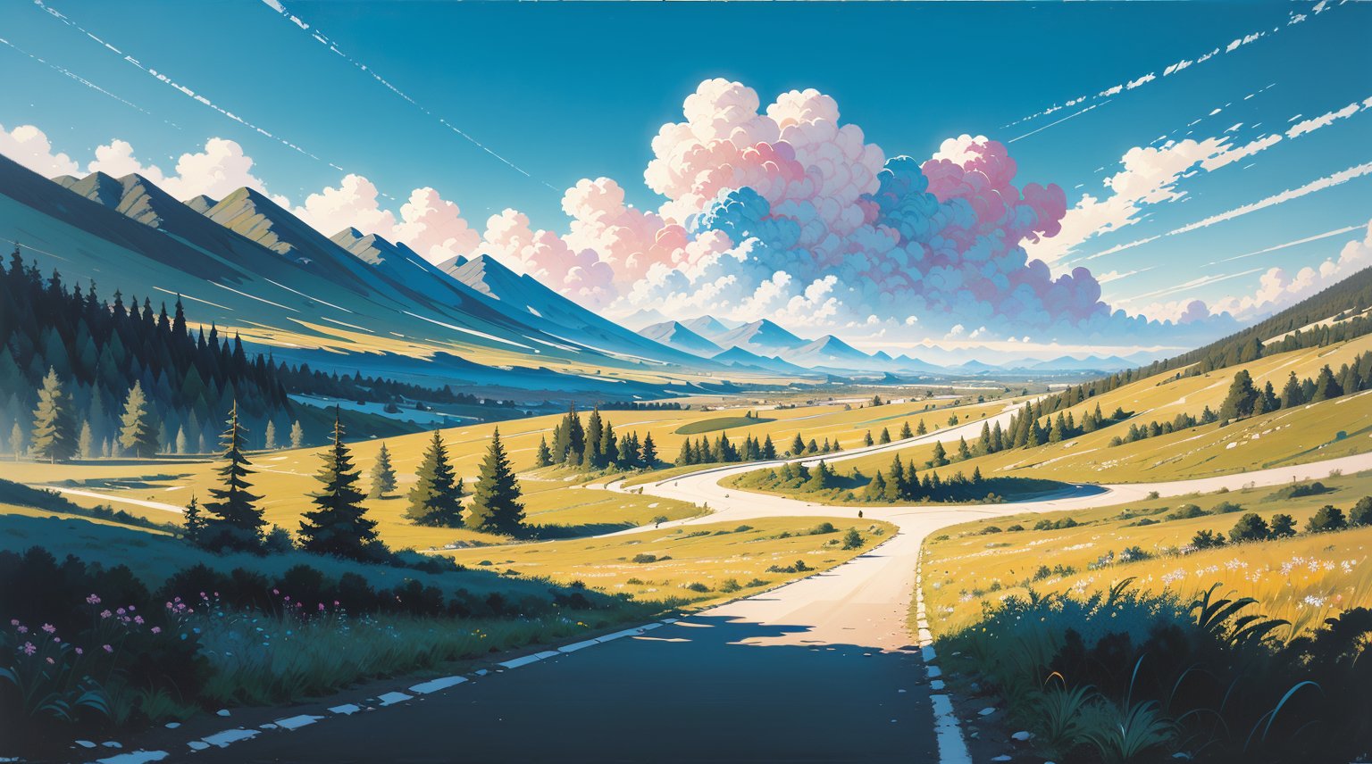 
majestic landscape, deserted area, without people, no people, road between the hills ((abstract painting:1.3)) in the style of David Schnell, oil on canvas, colorful landscape, renaissance perspective,  , blue sky with fluffy clouds, ((outdoors:1.4)),  trees, bushes, wonderful colour palette, intricate details,  dreamwave,aesthetic,