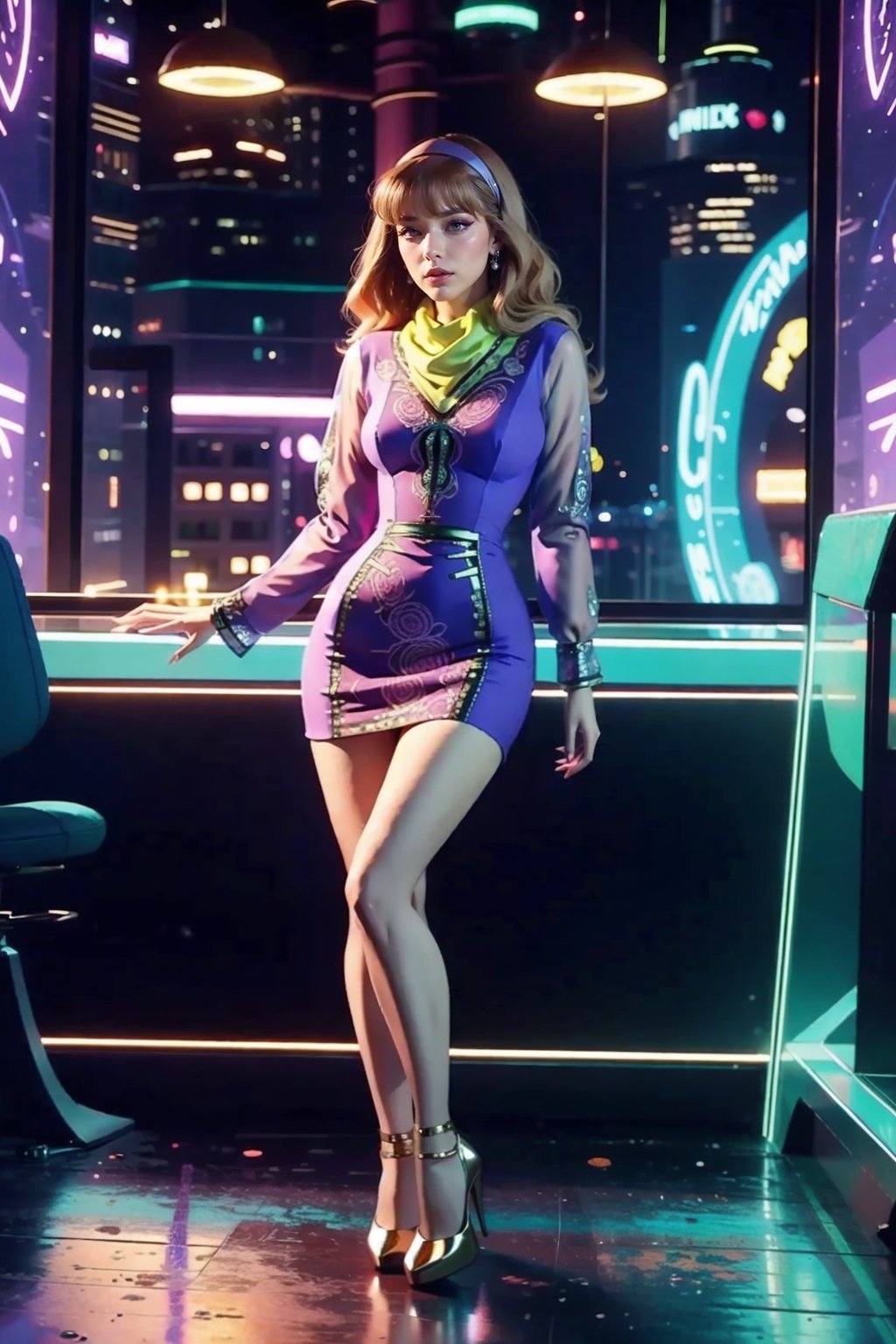 intense make-up, medium sized breasts, 
Caucasian pretty Woman. Oval face. Bridgestone red hairstyle. Short long-sleeved purple cotton futuristic dress with mauve cuffs and hem. Mauve ring below waist. Green scarf, mauve headband. Mauve high heels.
outfit with golden and neon intricate futuristic details,hourglass body shape,thin Futuristic room,daphneblake