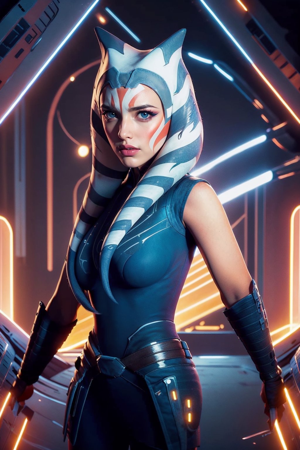 intense make-up, intense make-up colors, big breasts, 
Woman. Oval face. 
ahsoka face make-up
outfit with golden and neon intricate futuristic details,hourglass body shape,Futuristic room, ahsokatano