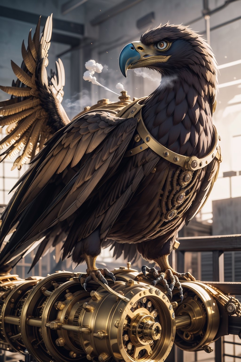 Generates an image of a majestic Steampunk-style robot eagle. Its body is meticulously constructed using intricate clockwork mechanisms, with gears and bronze parts forming its structure. Its rusted metal wings spread elegantly, displaying details of rivets and steam pipes. His eyes shine with an intense golden light, while his beak is adorned with brass ornaments. The eagle stands in an imposing pose, as if it is about to take flight into the steamy skies of a Steampunk city,mechanical,metal