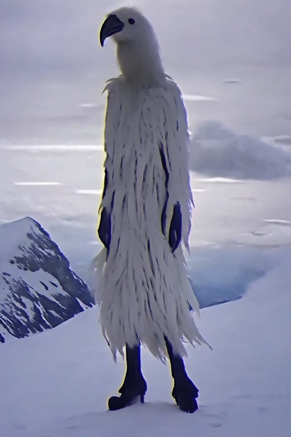 Opium bird, standing, feathers, white feathers, bird, birdman, humanoid, bird head, with beak, stylized, thin, full body, bird legs, bird arms, sinister, terrifying, beautiful

High quality, HD, 4kHD, cinematic, atmospheric, realistic, ultra-realistic
snow, mountain, cloudy, gray sky, dark clouds
More Detail,lora:largebulg1-000012:1,AIDA_NH_humans
