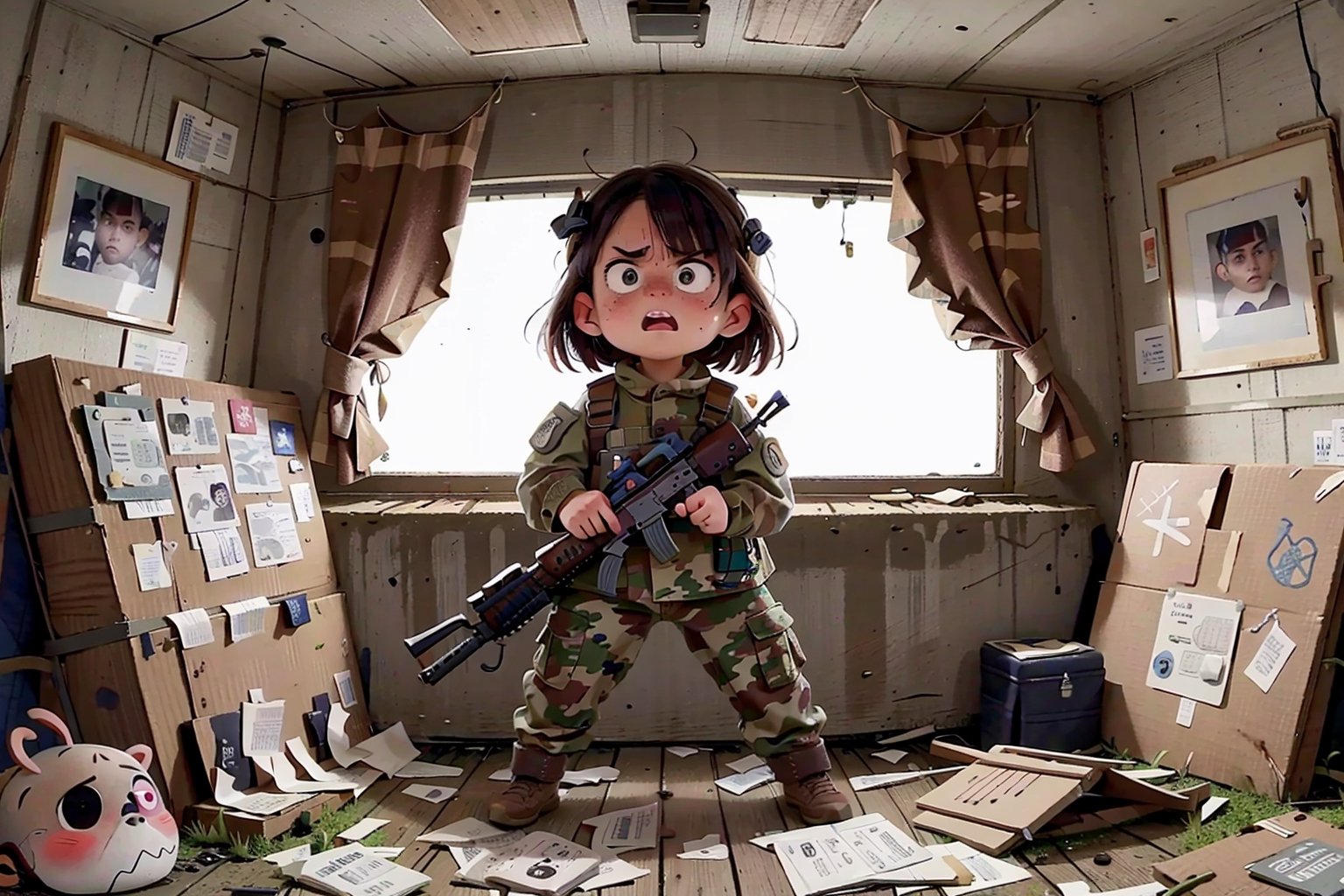 assault rifle, holding a rifle, soldier clothing,
Iran, Afghanistan
fire, war crimes, apocalypse, war crimes, terrorism, terrorist, destroyed car

  assault rifle, firearm
Debris, destruction, ruined city, death and destruction.
​

Angry, angry look, disgust
child, child focusloli focus, a girl dressed as a soldier, surrounded by war destruction, cloudy day, high quality, high detail, immersive atmosphere, fantai12,DonMG414, horror,full body,full_gear_soldier,full gear,soldier