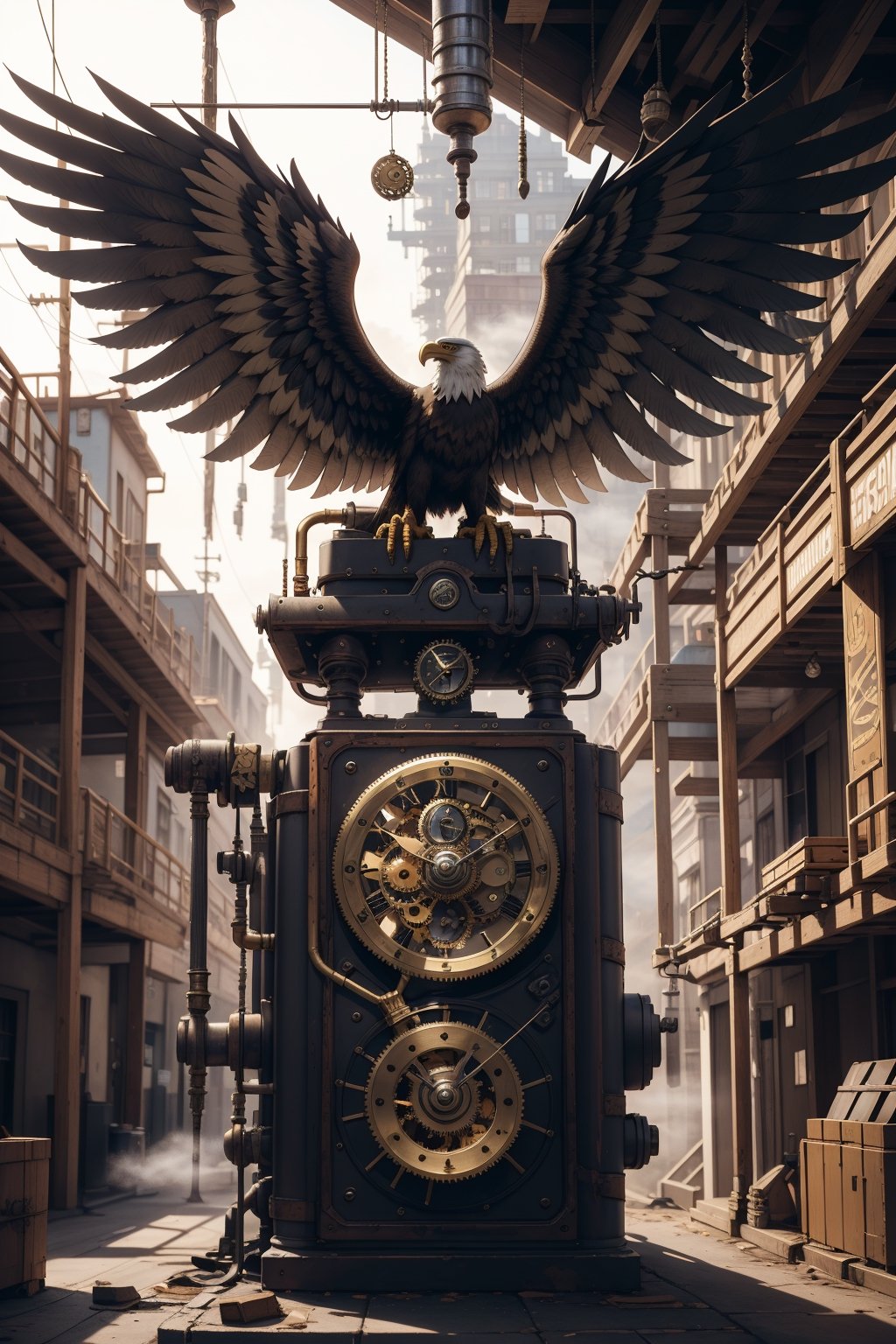 Generates an image of a majestic Steampunk-style robot eagle. Its body is meticulously constructed using intricate clockwork mechanisms, with gears and bronze parts forming its structure. Its rusted metal wings spread elegantly, displaying details of rivets and steam pipes. His eyes shine with an intense golden light, while his beak is adorned with brass ornaments. The eagle stands in an imposing pose, as if it is about to take flight into the steamy skies of a Steampunk city