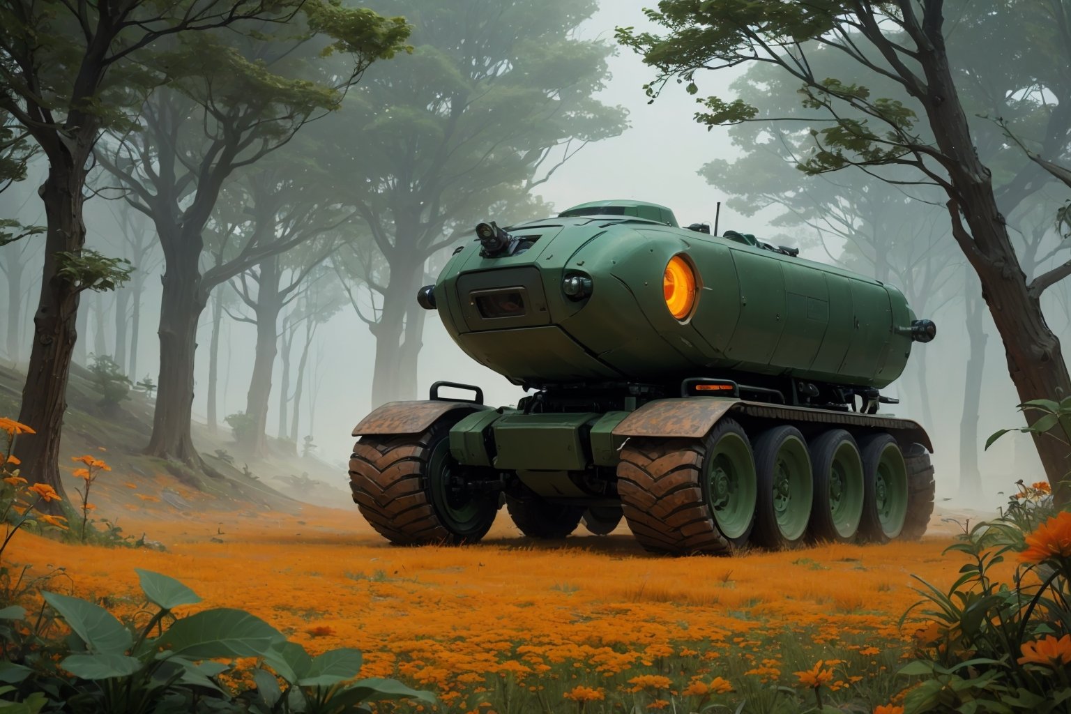  in a green meadow, , in forest, surrounded by nature, fog, bright orange flowers, sunny day, truck with weapons,, high quality, great detail, enveloping atmosphere,,  Spider Tank in a green meadow,non-humanoid robot