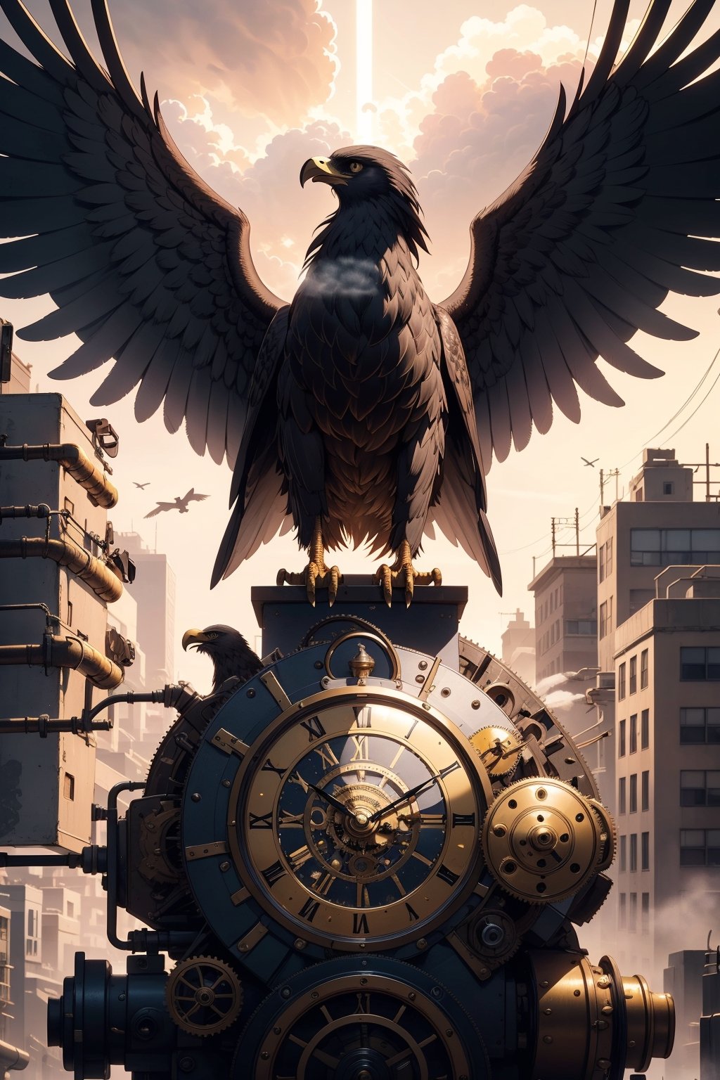 Generates an image of a majestic Steampunk-style robot eagle. Its body is meticulously constructed using intricate clockwork mechanisms, with gears and bronze parts forming its structure. Its rusted metal wings spread elegantly, displaying details of rivets and steam pipes. His eyes shine with an intense golden light, while his beak is adorned with brass ornaments. The eagle stands in an imposing pose, as if it is about to take flight into the steamy skies of a Steampunk city