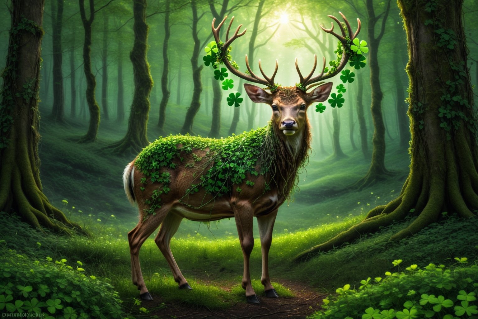 A deer with antlers full of tangled four-leaf clovers in a green forest full of four-leaf clovers, magical forest, magical lighting, high quality, dreamlike atmosphere, four-leaf clover necklace, Saint Patrick's Day, festive atmosphere of saint patrick , magic lights, fireflies, Celtic stone monoliths

,aesthetic,druidic,more detail XL