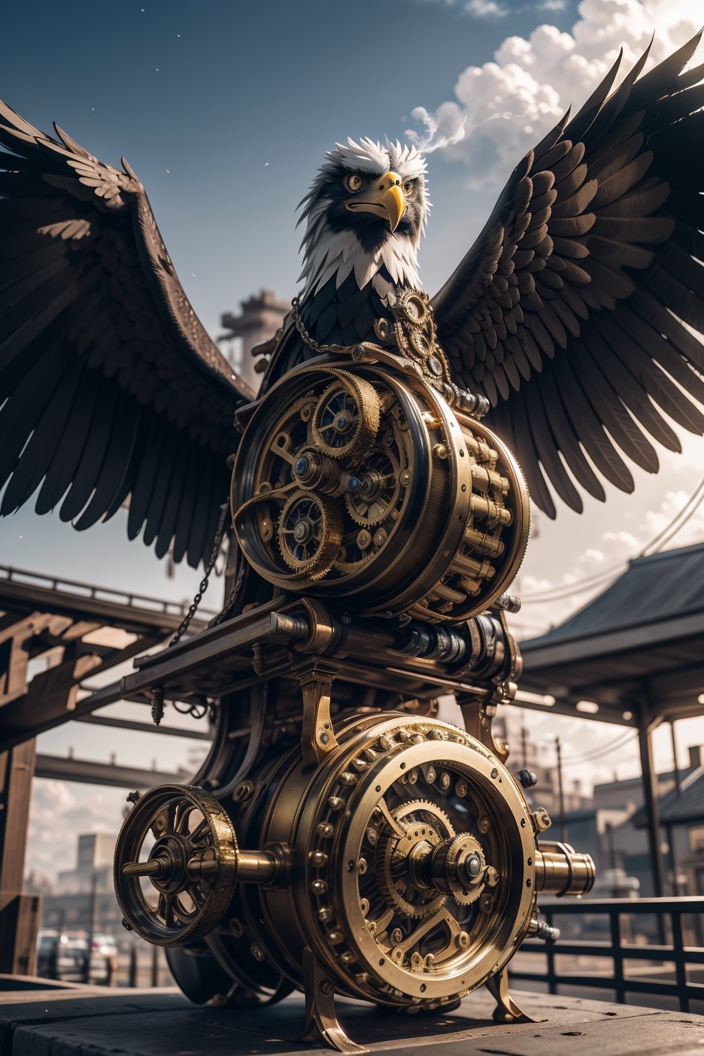 Generates an image of a majestic Steampunk-style robot eagle. Its body is meticulously constructed using intricate clockwork mechanisms, with gears and bronze parts forming its structure. Its rusted metal wings spread elegantly, displaying details of rivets and steam pipes. His eyes shine with an intense golden light, while his beak is adorned with brass ornaments. The eagle stands in an imposing pose, as if it is about to take flight into the steamy skies of a Steampunk city,mechanical