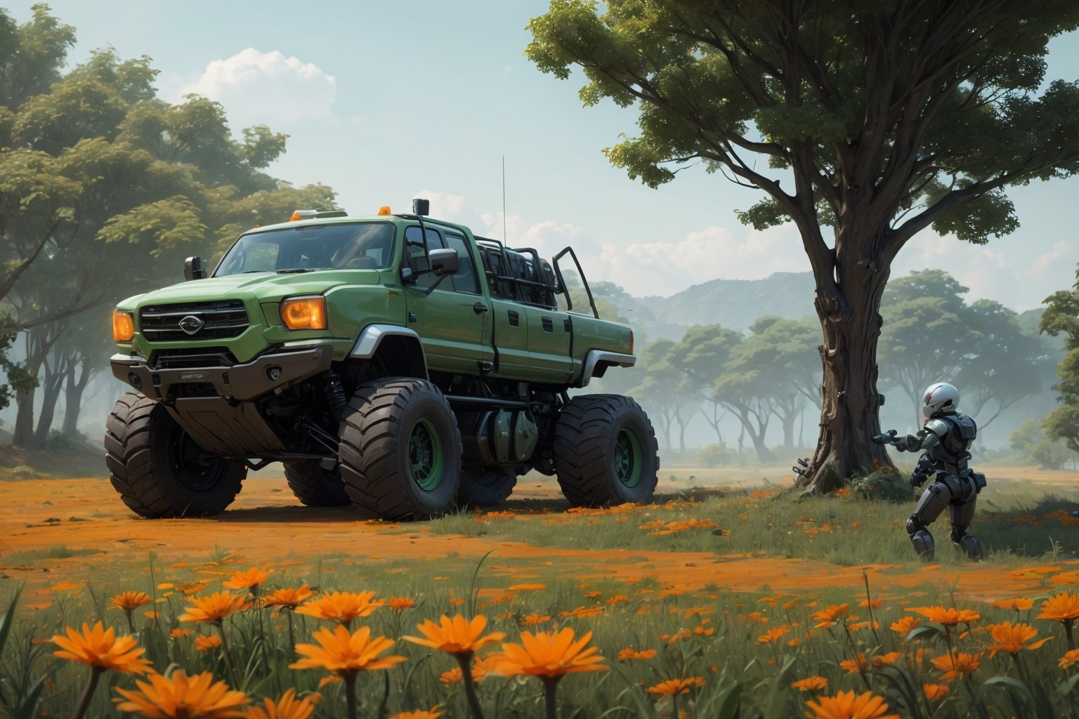  in a green meadow, , surrounded by nature,  bright orange flowers, sunny day, Futuristic truck, 4x4, truck with weapons,, truck, high quality, great detail, enveloping atmosphere,,  Spider Tank in a green meadow,non-humanoid robot