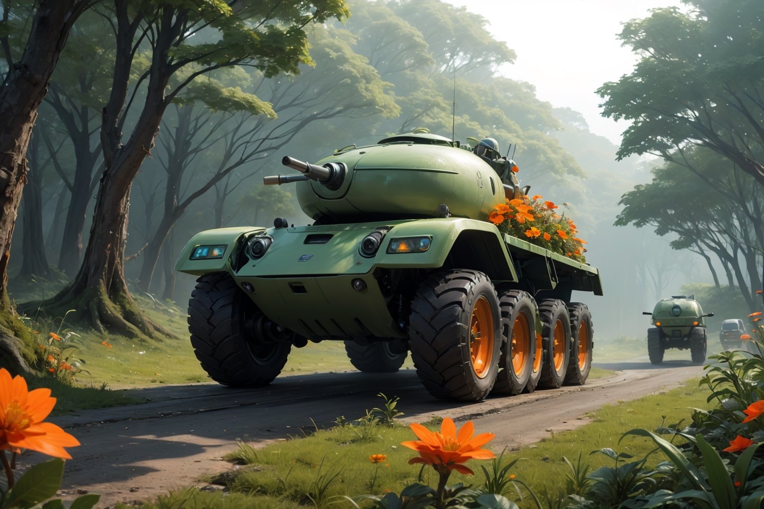  in a green meadow, , in forest, surrounded by nature,  bright orange flowers, sunny day, truck with weapons,, high quality, great detail, enveloping atmosphere,,  Spider Tank in a green meadow,non-humanoid robot