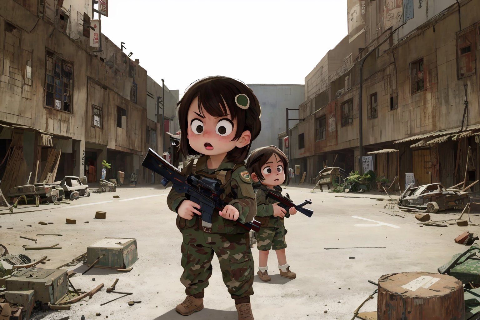 assault rifle, holding a rifle, soldier clothing,
Iran, Afghanistan
fire, war crimes, apocalypse, war crimes, terrorism, terrorist, destroyed car

  assault rifle, firearm
Debris, destruction, ruined city, death and destruction.
​
2 girls
Angry, angry look, 
child, child focusloli focus, a girl dressed as a soldier, surrounded by war destruction, cloudy day, high quality, high detail, immersive atmosphere, fantai12,DonMG414, horror,full body,full_gear_soldier,full gear,soldier,edhop_style
