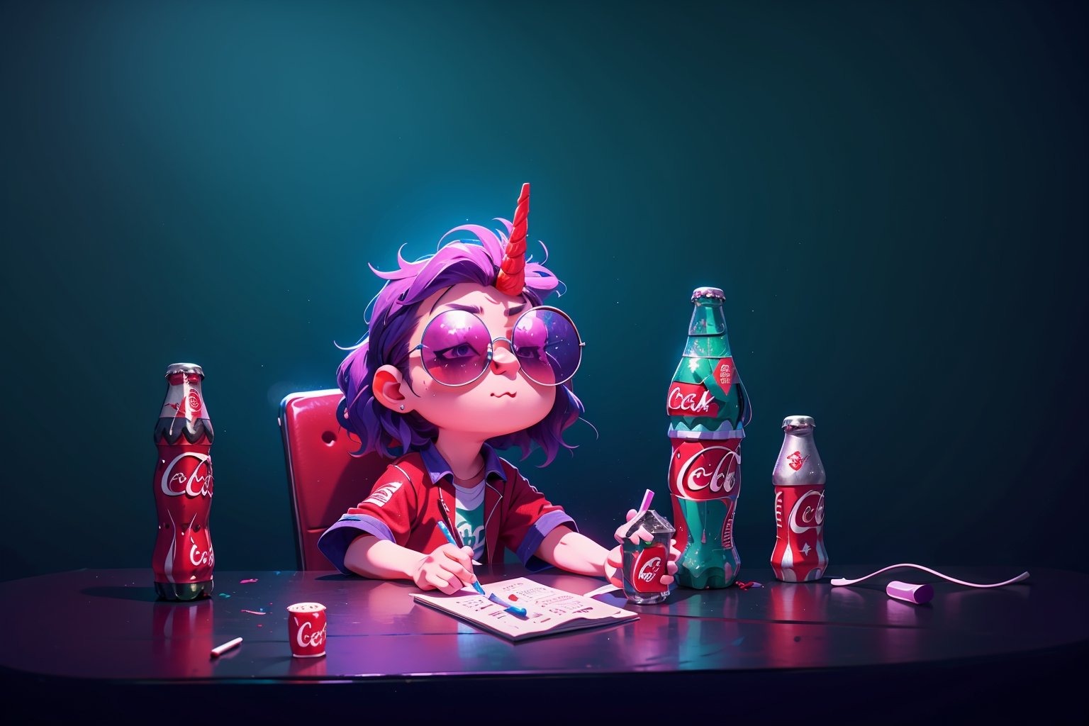 Unicorn with sunglasses drinking coke, COCA-COLA, drink, drinking coke, realistic, photorealistic, cinematic, Magical Fantasy style, Magical Fantasy style, neon photography style,3DMM