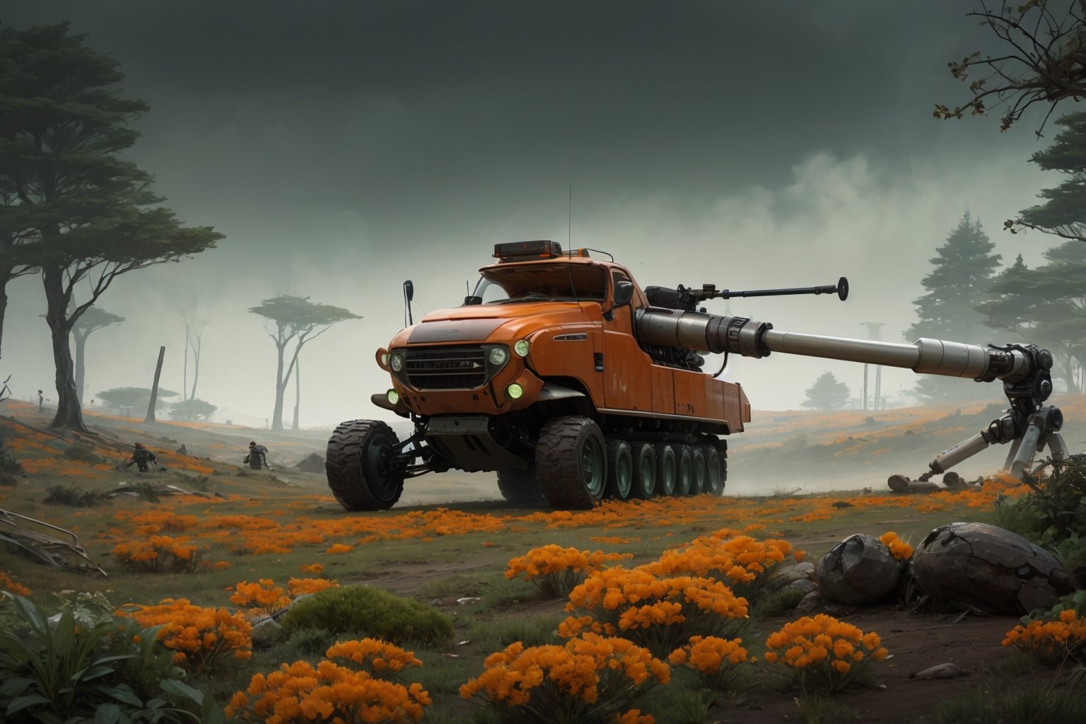  in a green meadow, , in forest, surrounded by nature, fog, bright orange flowers, sunny day, truck with weapons,, high quality, great detail, enveloping atmosphere,,  Spider Tank in a green meadow,non-humanoid robot