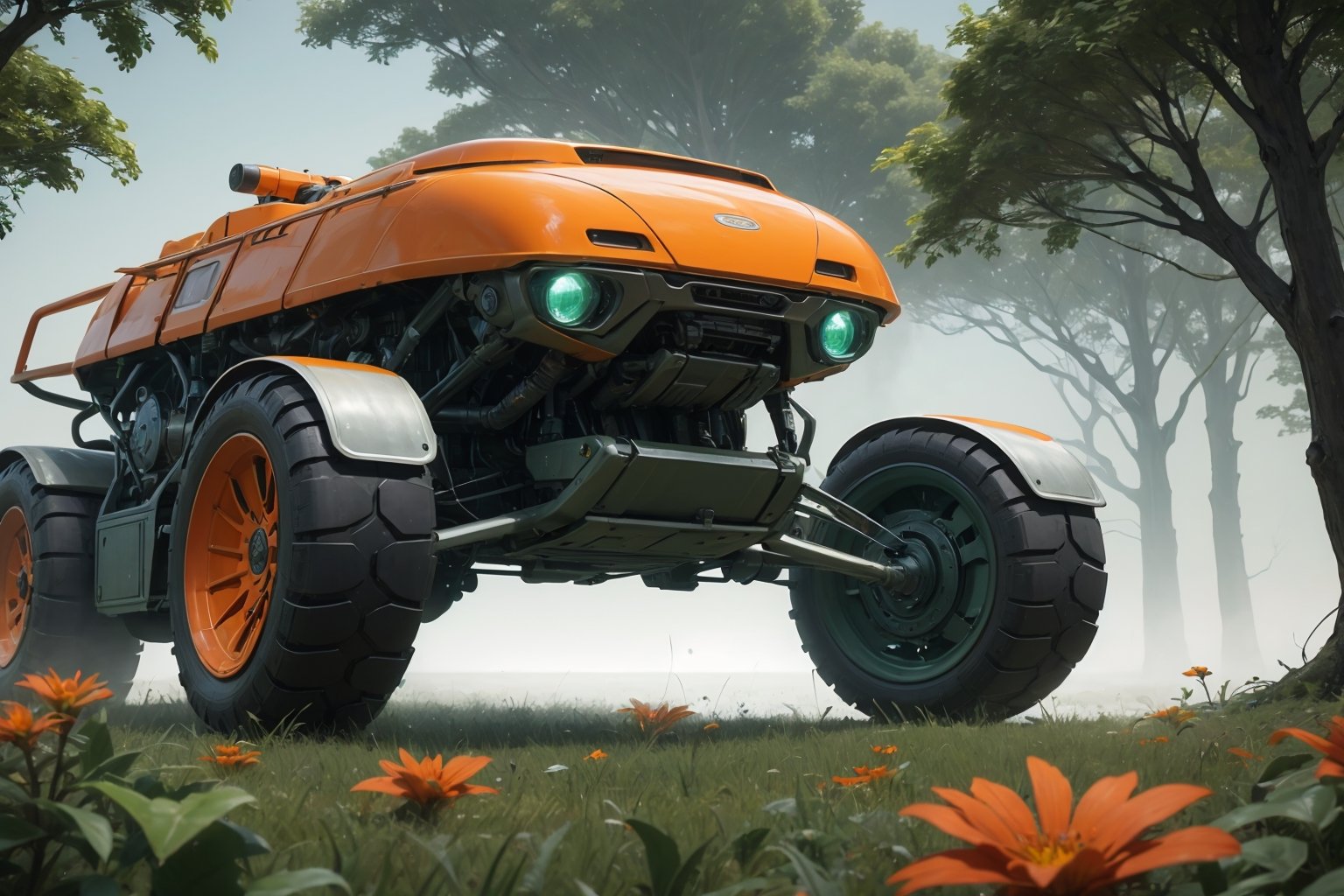  in a green meadow, , in forest, surrounded by nature, fog, bright orange flowers, sunny day, truck with weapons,, high quality, great detail, enveloping atmosphere,,  Spider Tank in a green meadow,non-humanoid robot