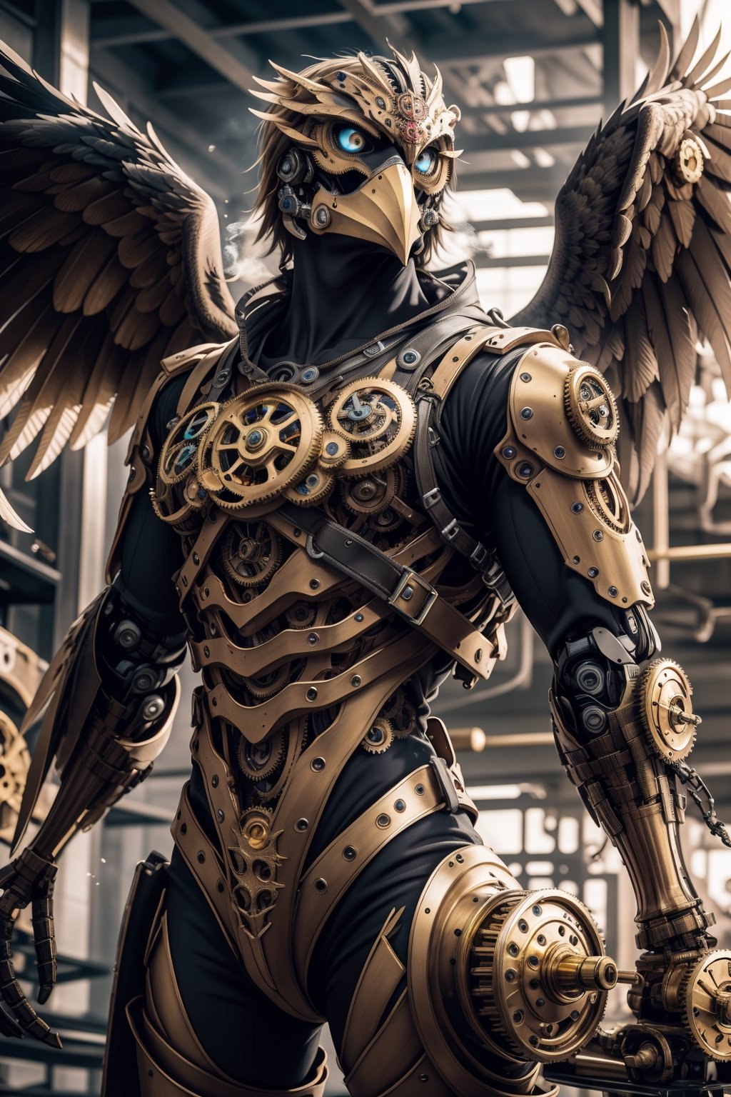 Generates an image of a majestic Steampunk-style robot eagle. Its body is meticulously constructed using intricate clockwork mechanisms, with gears and bronze parts forming its structure. Its rusted metal wings spread elegantly, displaying details of rivets and steam pipes. His eyes shine with an intense golden light, while his beak is adorned with brass ornaments. The eagle stands in an imposing pose, as if it is about to take flight into the steamy skies of a Steampunk city,mechanical,metal