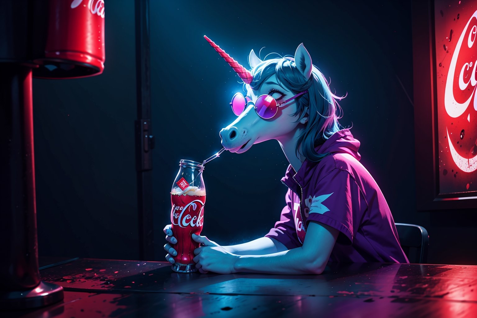 Unicorn with sunglasses drinking coke, COCA-COLA, drink, drinking coke, realistic, photorealistic, cinematic, Magical Fantasy style, Magical Fantasy style, neon photography style,3DMM