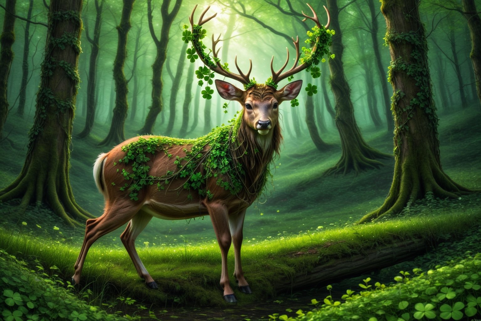A deer with antlers full of tangled four-leaf clovers in a green forest full of four-leaf clovers, magical forest, magical lighting, high quality, dreamlike atmosphere, four-leaf clover necklace, Saint Patrick's Day, festive atmosphere of saint patrick , magic lights, fireflies, Celtic stone monoliths

,aesthetic,druidic,more detail XL
