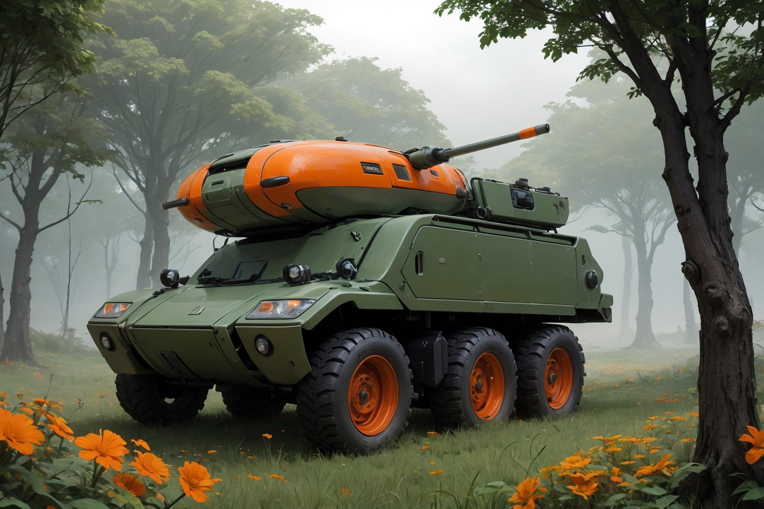  in a green meadow, , in forest, surrounded by nature, fog, bright orange flowers, sunny day, truck with weapons,, high quality, great detail, enveloping atmosphere,,  Spider Tank in a green meadow,non-humanoid robot